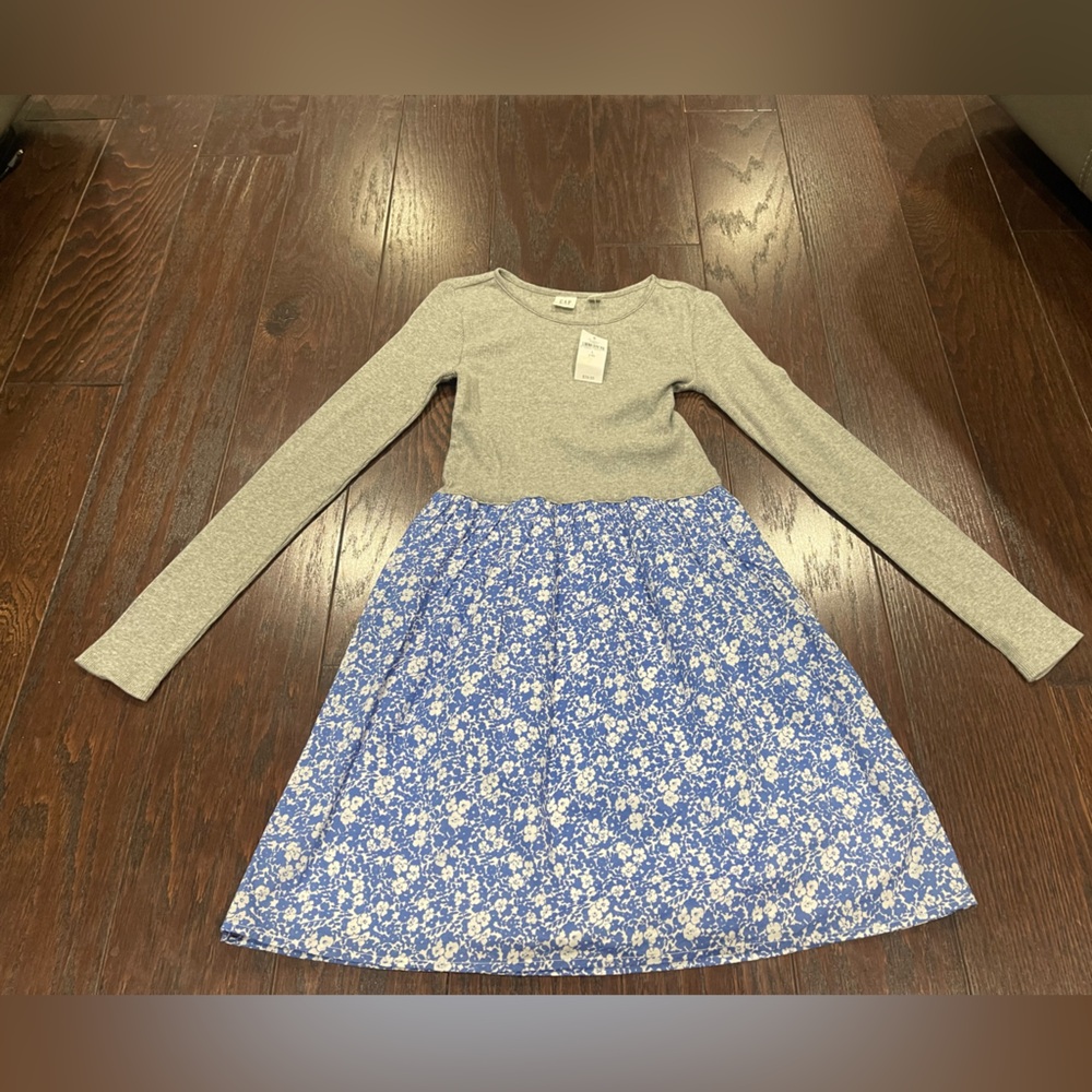 Gap Kids Girls Knit/Woven Dress, Grey Thermal Top Blue Floral Bottom Size 10 NEW